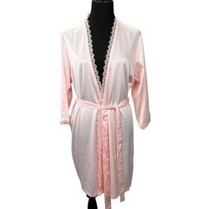 Le Rose Stories Satin Robe Bathrobe Pink size M L Women Lace Trim Belted NWOT